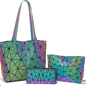 Geometric Holographic Tote, Clutch, and Wallet Set